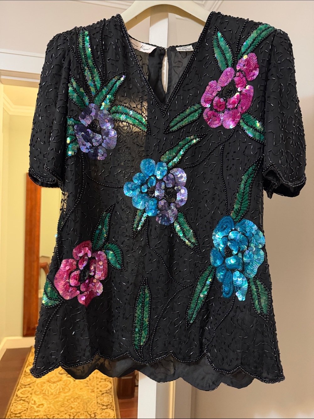 Embellished Black Floral Sequin Top size S